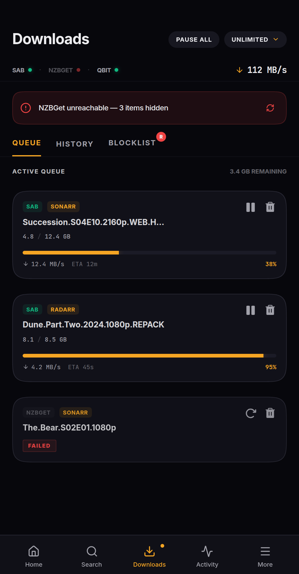 Blended download queue with pause, retry, and history across SABnzbd, NZBGet, and arr grabs.