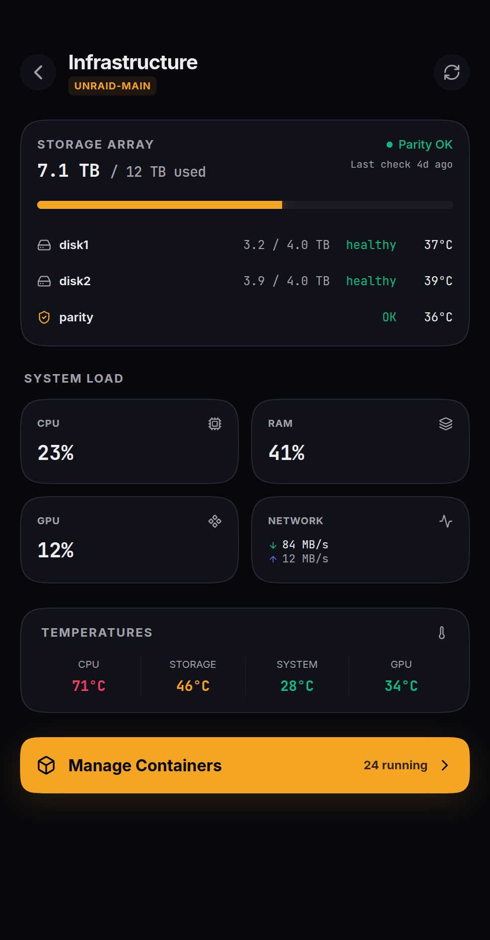 Host dashboard with storage array, disk temperatures, system load, and Docker container controls for Unraid.